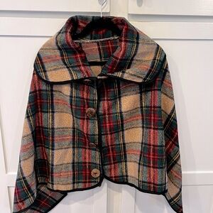 Green & Red Plaid Poncho. Wool. One size
